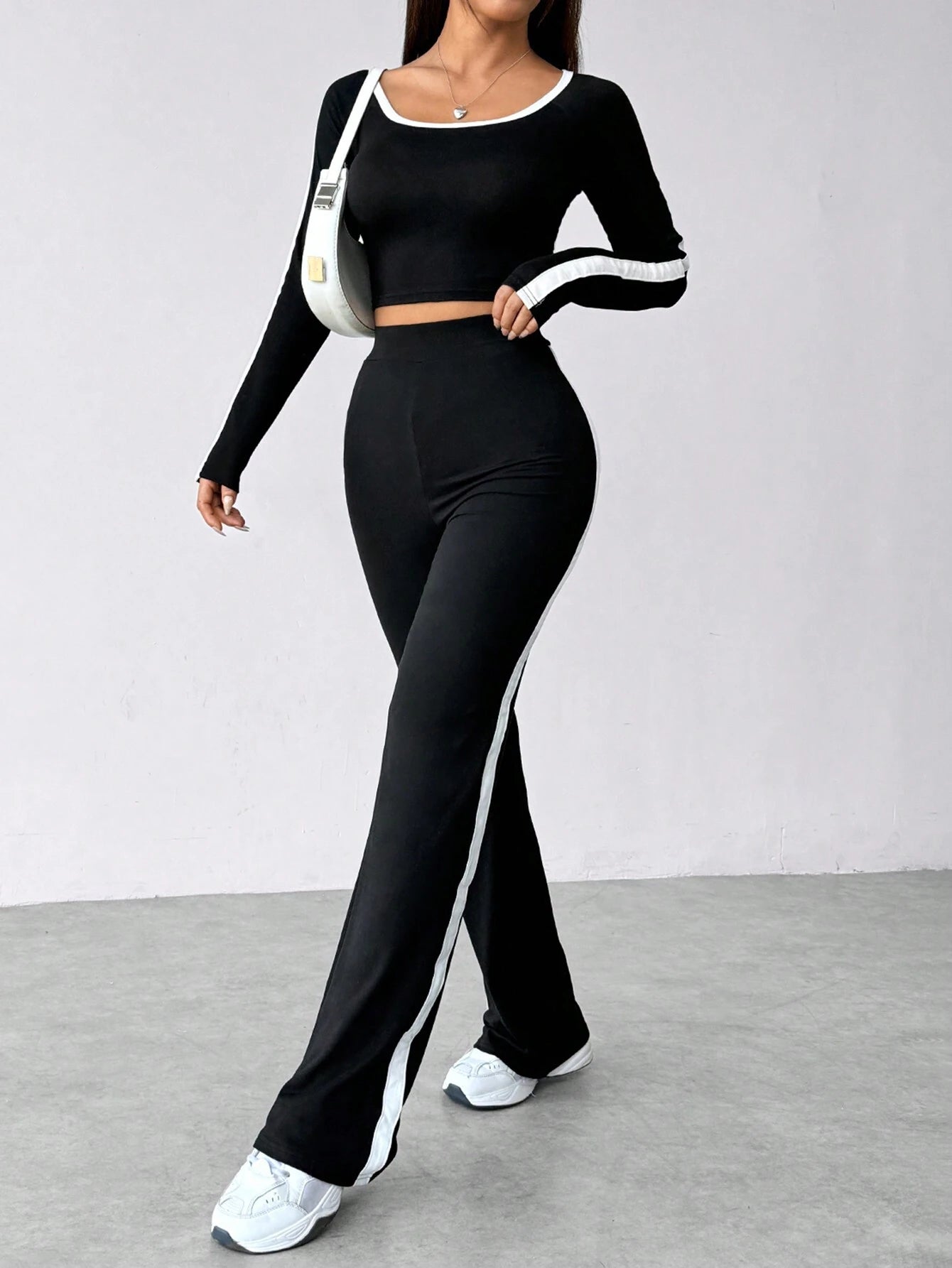 EZwear Women's Color-Blocked Long Sleeve Crop Tee And Pants Set shein