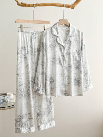 2pcs Women's Ink Print Ice Silk Pajamas, Simple Mandarin Collar Long Sleeve Homewear Set shein