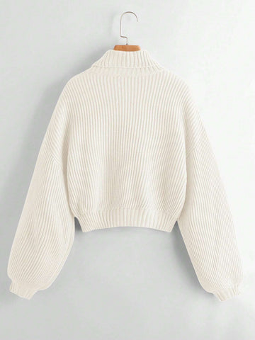 ROMWE Solid High Neck Bishop Sleeve Sweater shein