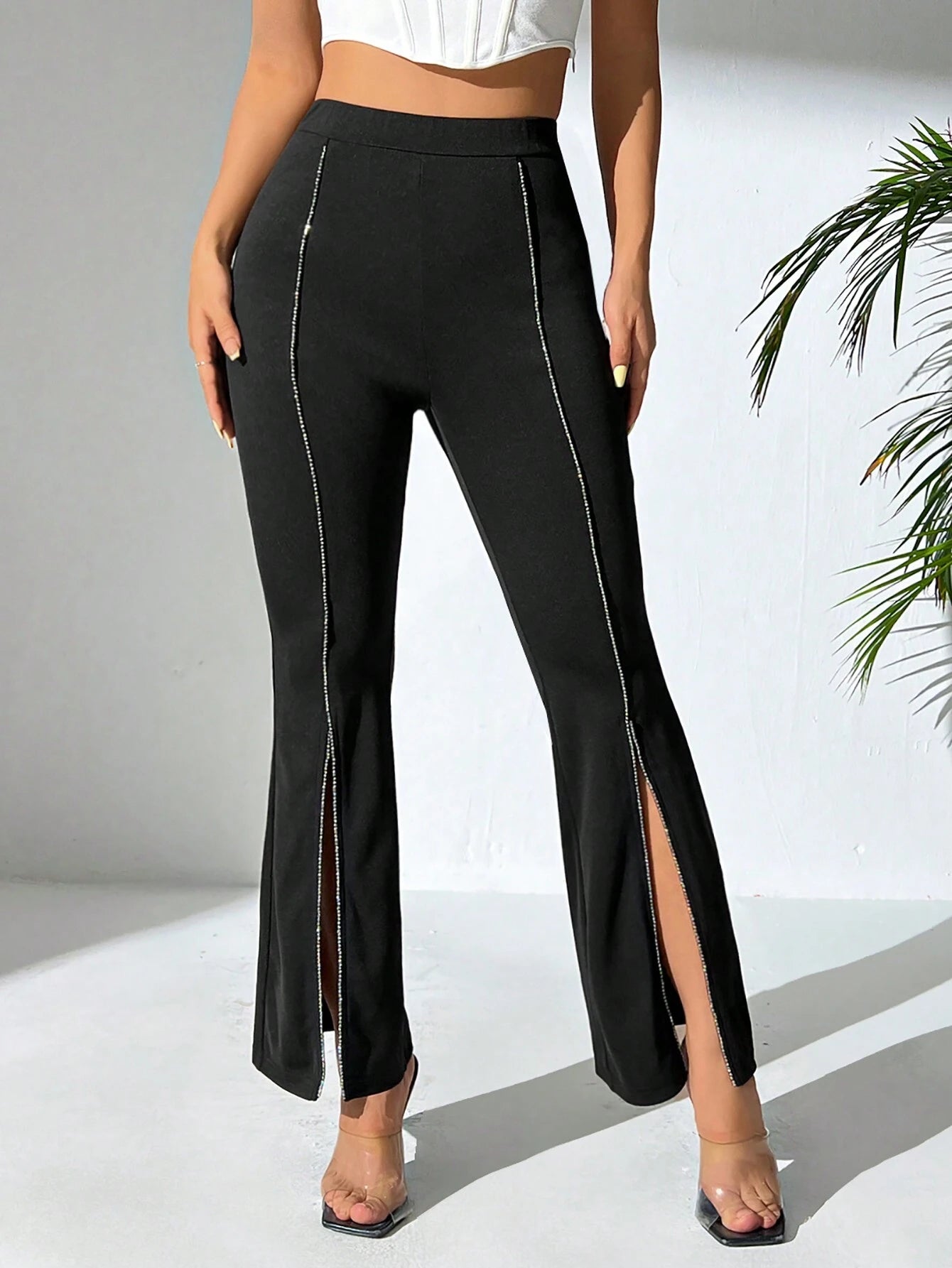 PETITE Women's High Waisted Front Slit Palazzo Pants shein