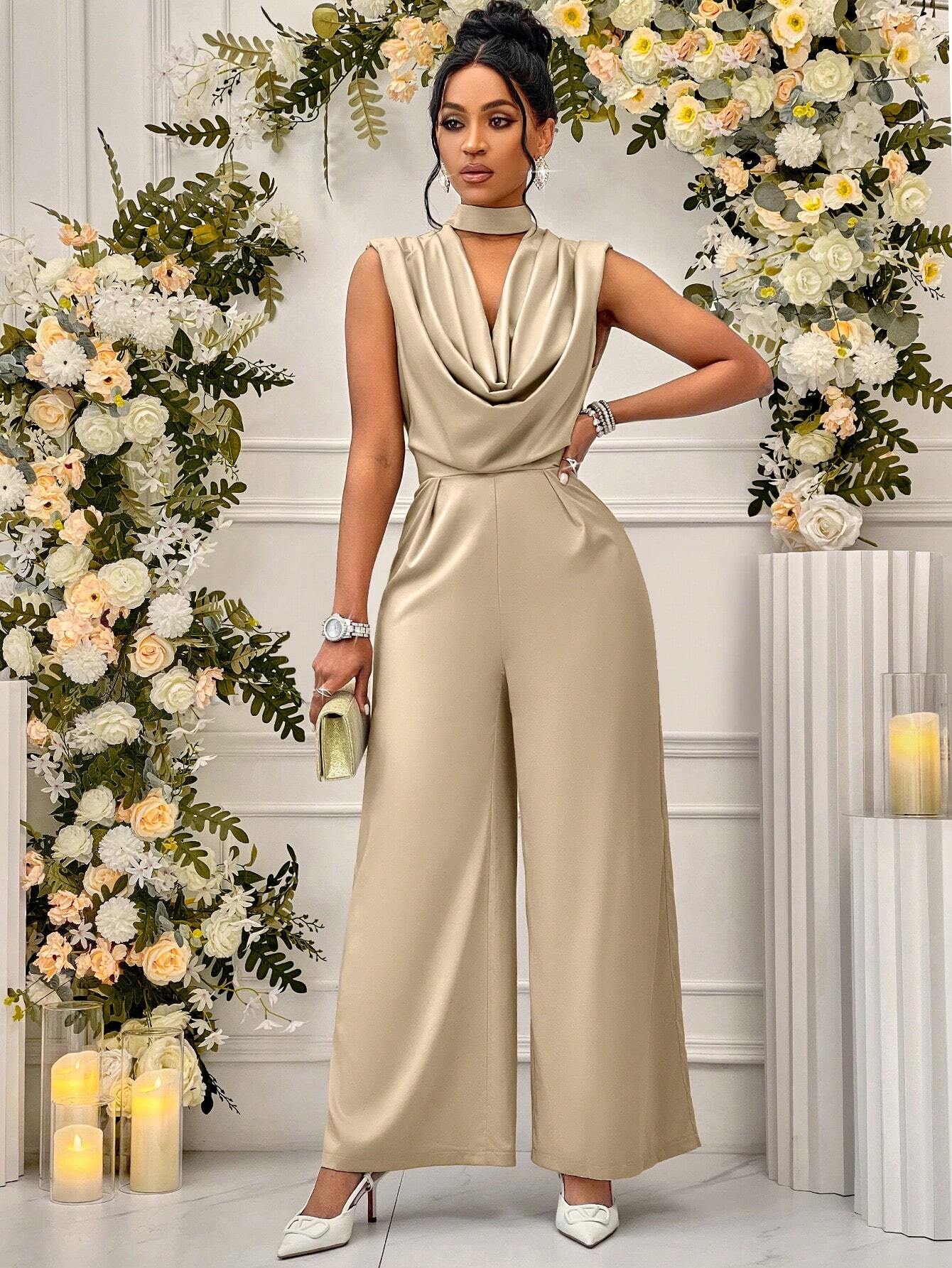 Lady Women Summer Solid Color Wide Leg Elegant Jumpsuit With Keyhole Neckline shein