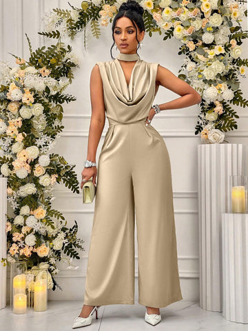 Lady Women Summer Solid Color Wide Leg Elegant Jumpsuit With Keyhole Neckline shein