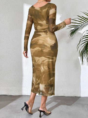 BAE Allover Print Ruched Mesh Dress shein