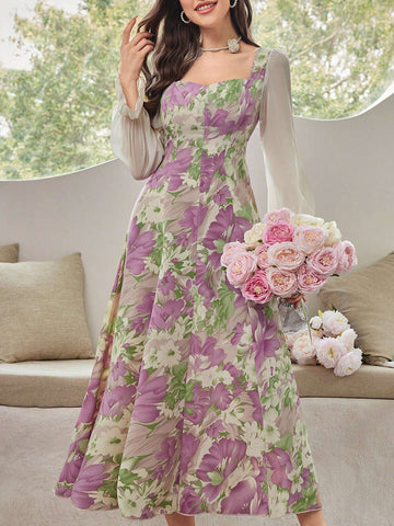 Modely Floral Printed Sweetheart Neckline Waist Gathering Dress shein