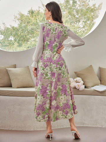 Modely Floral Printed Sweetheart Neckline Waist Gathering Dress shein