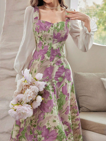 Modely Floral Printed Sweetheart Neckline Waist Gathering Dress shein