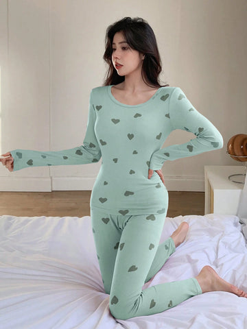 DAZY Women's Heart-Shaped Slim Fit Round Neck Long Sleeve Tee And Pants Comfortable Pajama Set shein