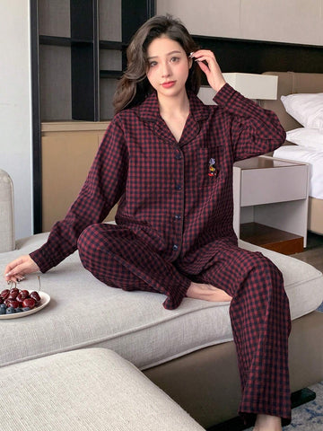 DAZY 2pcs Women's Plaid Embroidered Cartoon Print Loose Long Sleeve Top And Pants Pajama Set shein