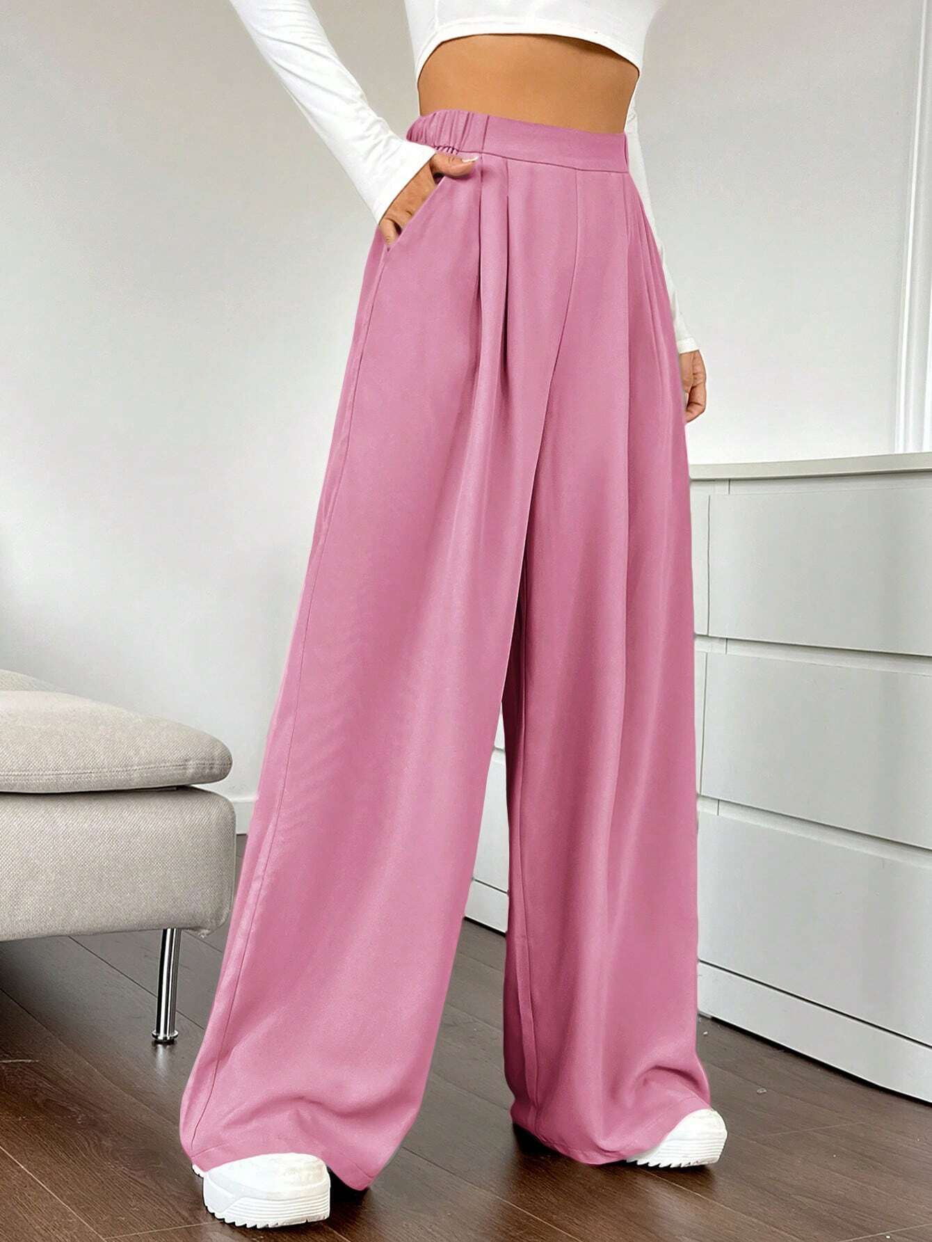 EZwear Solid Color Pleated Wide Leg Pants shein