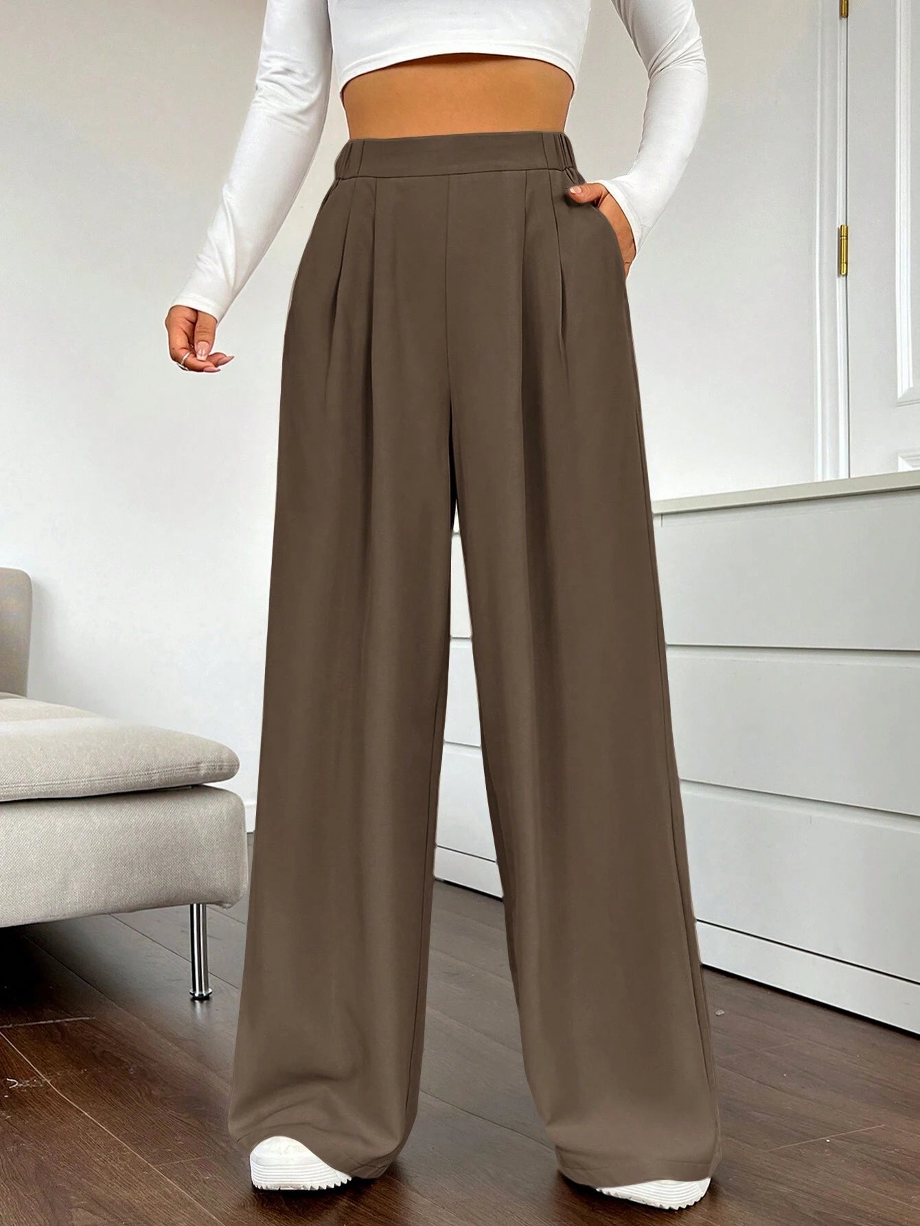 EZwear Solid Color Pleated Wide Leg Pants shein