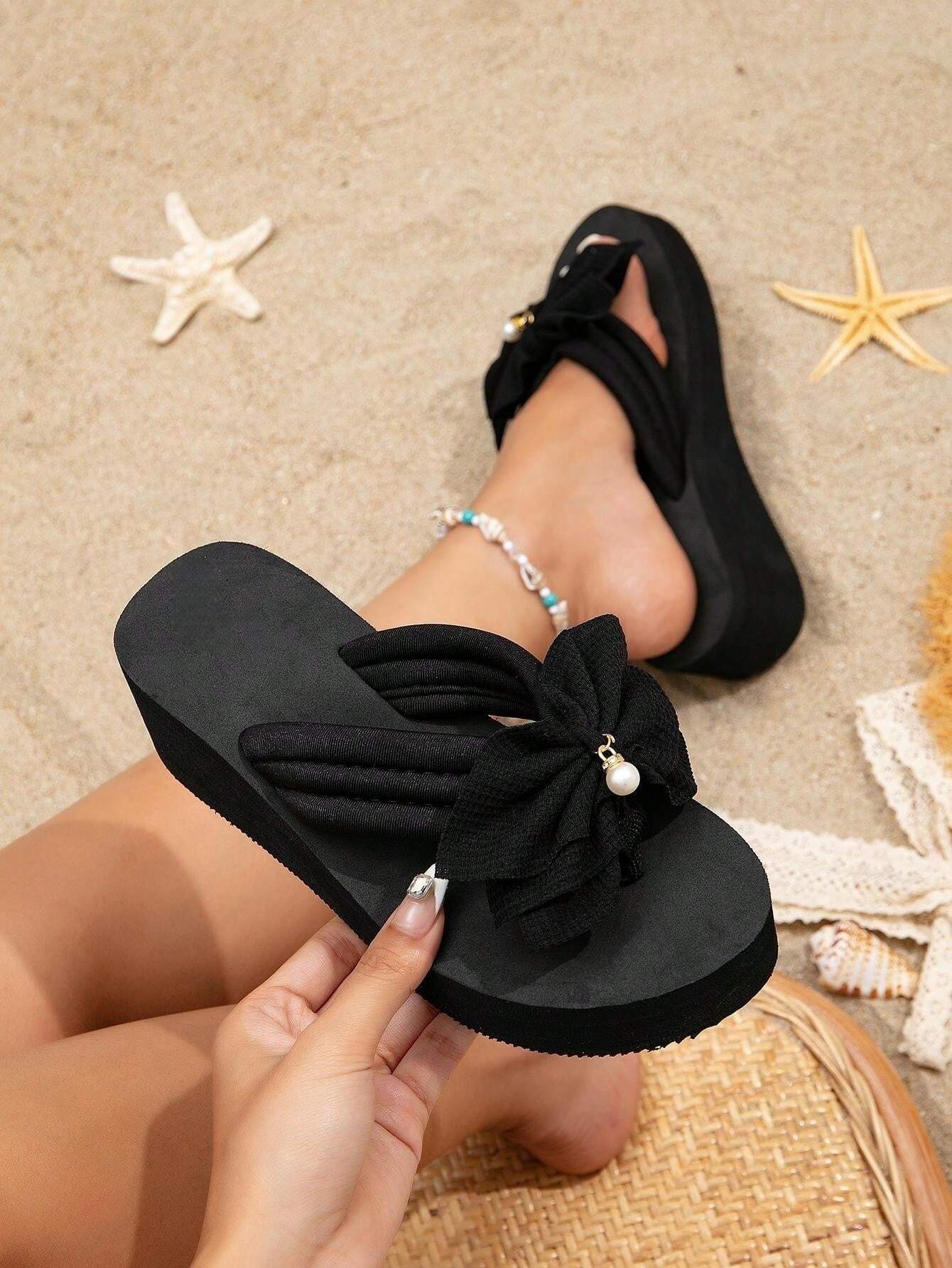 Bowknot Flip-Flops For Women, Summer Fashionable High-Heeled Slipper shein