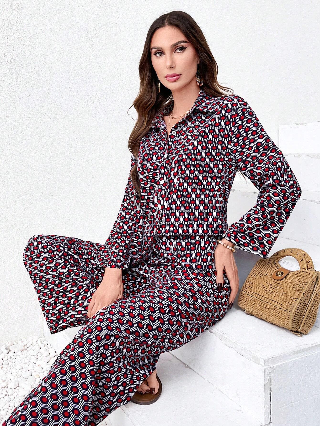 Mulvari Women's Geometric Printed Long Sleeve Shirt And Pants Set shein