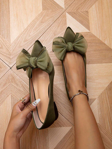 Women Black Faux Suedette Flats, Elegant Bow Decor Point Toe Flats shein