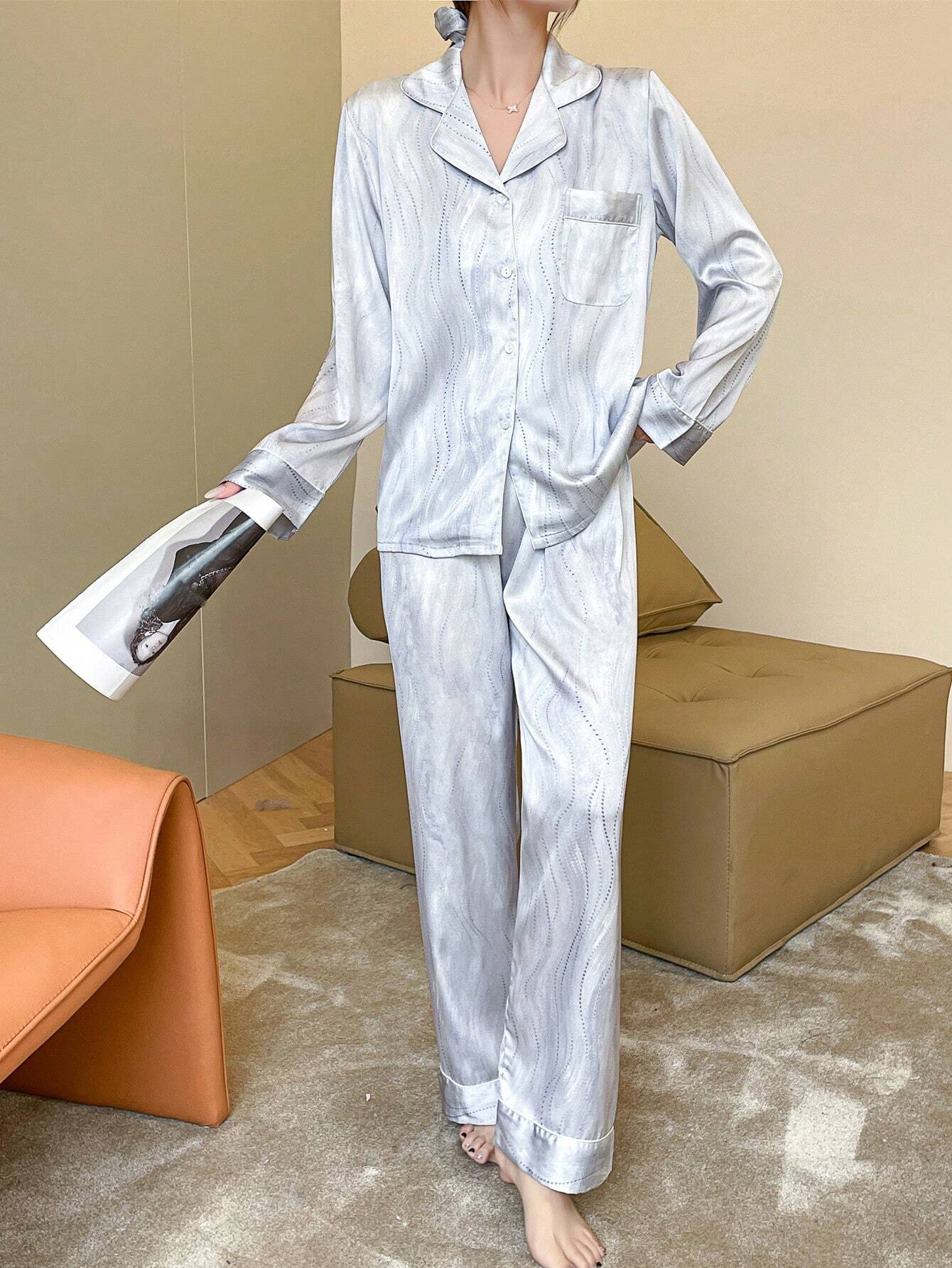 Pajamas Set With A Lapel Buttoned Top And Pants, Including A Hairband shein