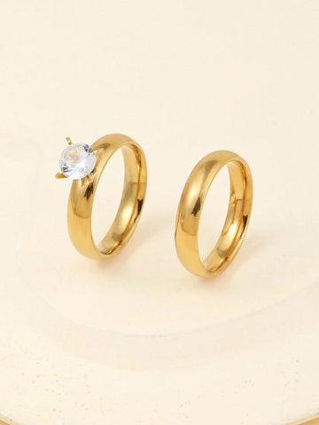 Onelike 2pcs/set Couple Rhinestone Decor Ring shein