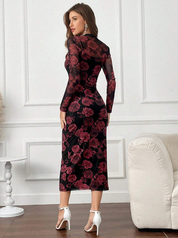 Modely Floral Print Round Neck Bodycon Long Sleeve Dress shein