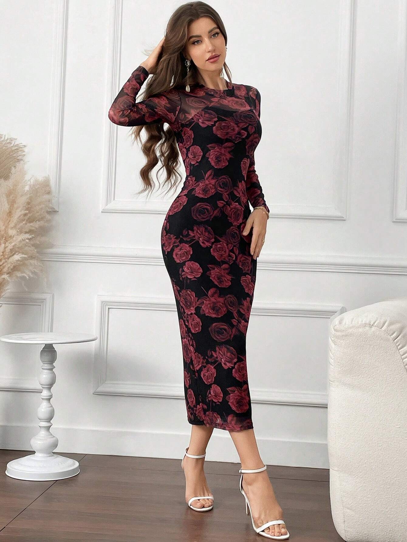 Modely Floral Print Round Neck Bodycon Long Sleeve Dress shein