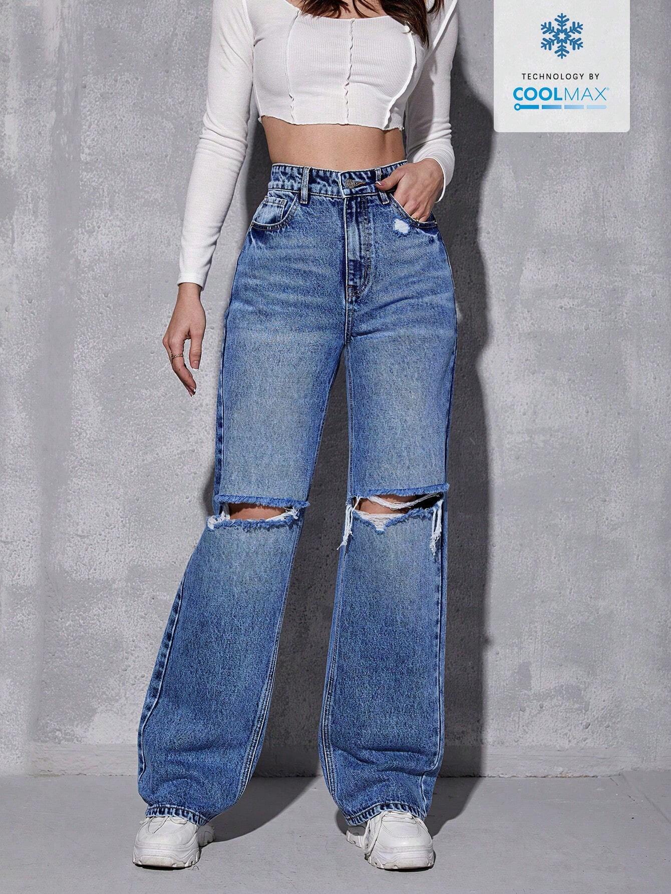 EZwear High Waist Ripped Jeans shein