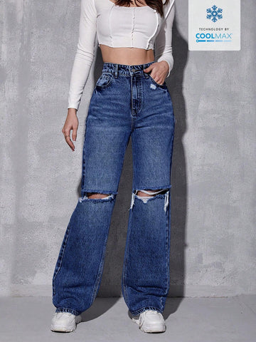 EZwear High Waist Ripped Jeans shein