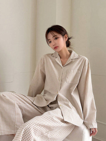 DAZY Gingham Print Lapel Neck PJ Set shein