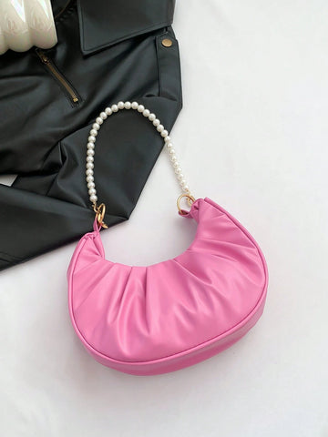 Plain Pearl Chain Shoulder Bag For Women With Wrinkled Cloud Shape Handbags shein