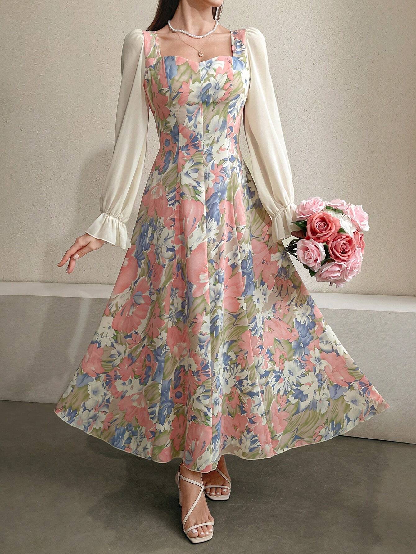 Modely Floral Printed Sweetheart Neckline Waist Gathering Dress shein