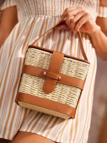 VCAY Women PU Detail Straw Handbag,Woven Bag,Perfect For Summer Beach shein