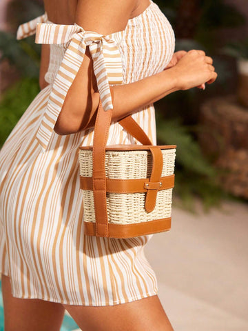 VCAY Women PU Detail Straw Handbag,Woven Bag,Perfect For Summer Beach shein