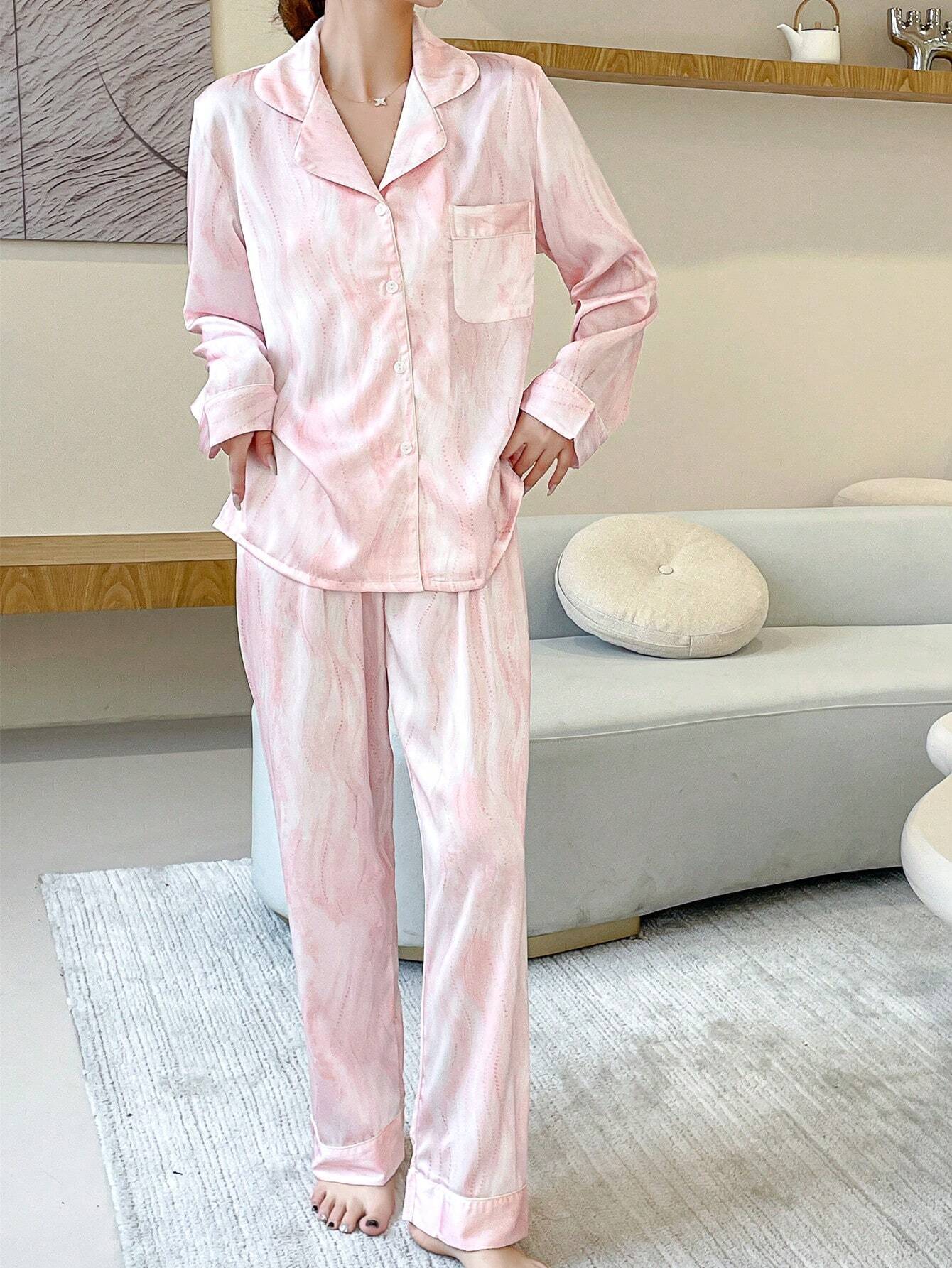 Pajamas Set With A Lapel Buttoned Top And Pants, Including A Hairband shein