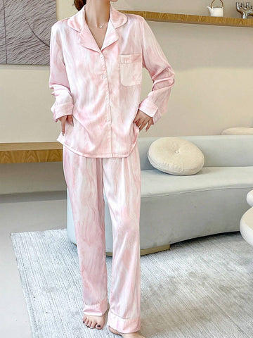 Pajamas Set With A Lapel Buttoned Top And Pants, Including A Hairband shein