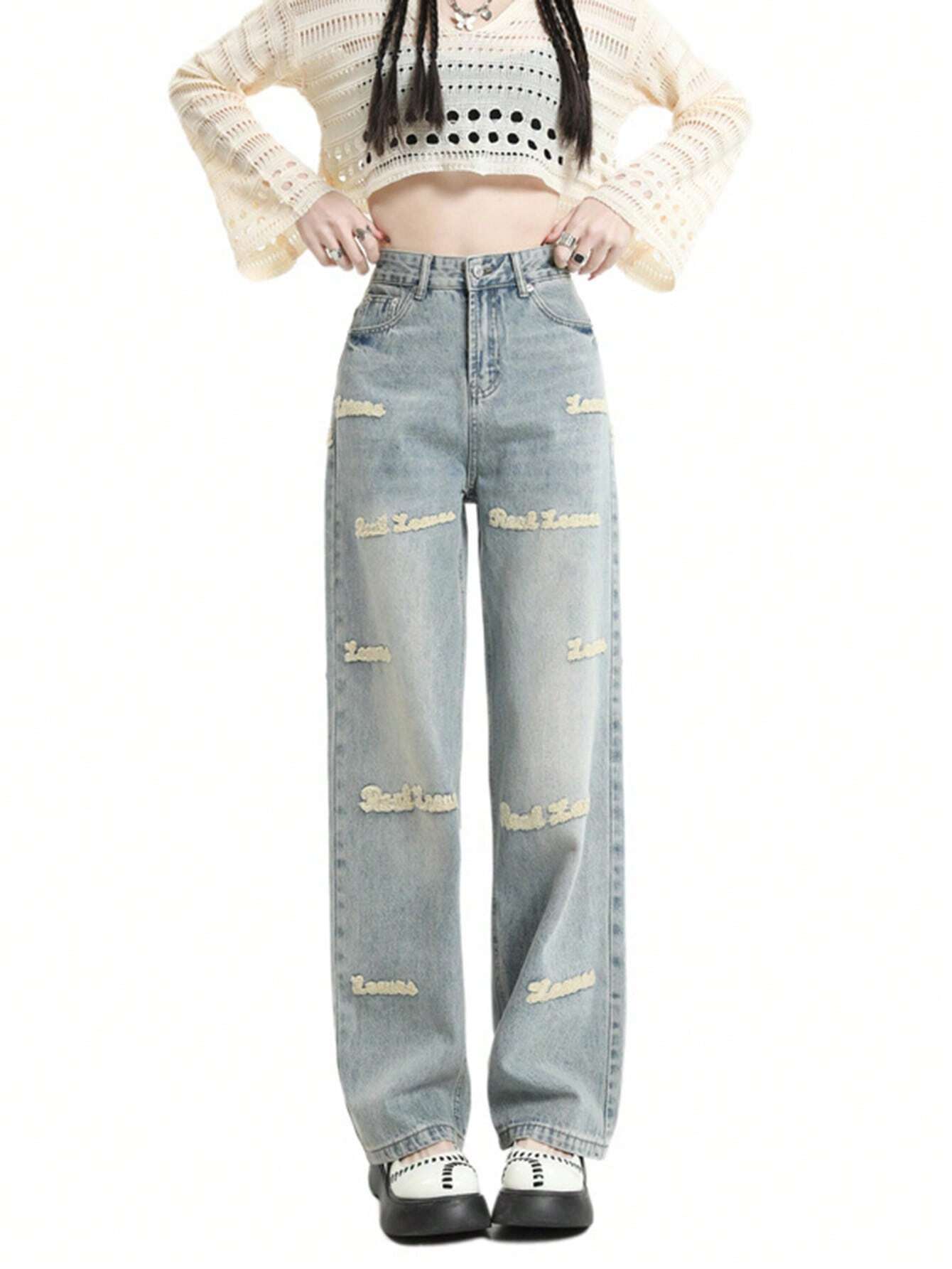 Letter Graphic Wide Leg Jeans shein