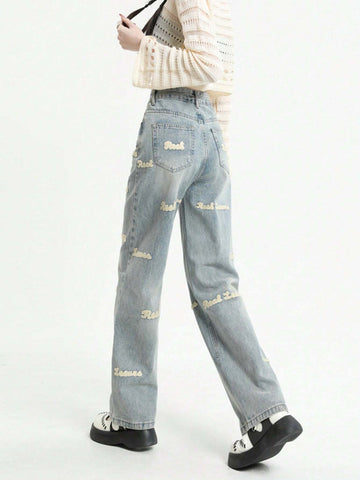 Letter Graphic Wide Leg Jeans shein