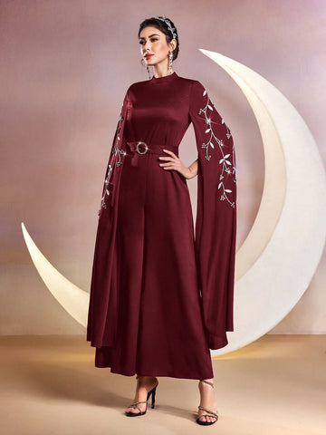 Modely Women Stand Collar Plant Embroidery Rhinestone Decor Ultra-Long Sleeve Wide-Leg Elegant Jumpsuit shein