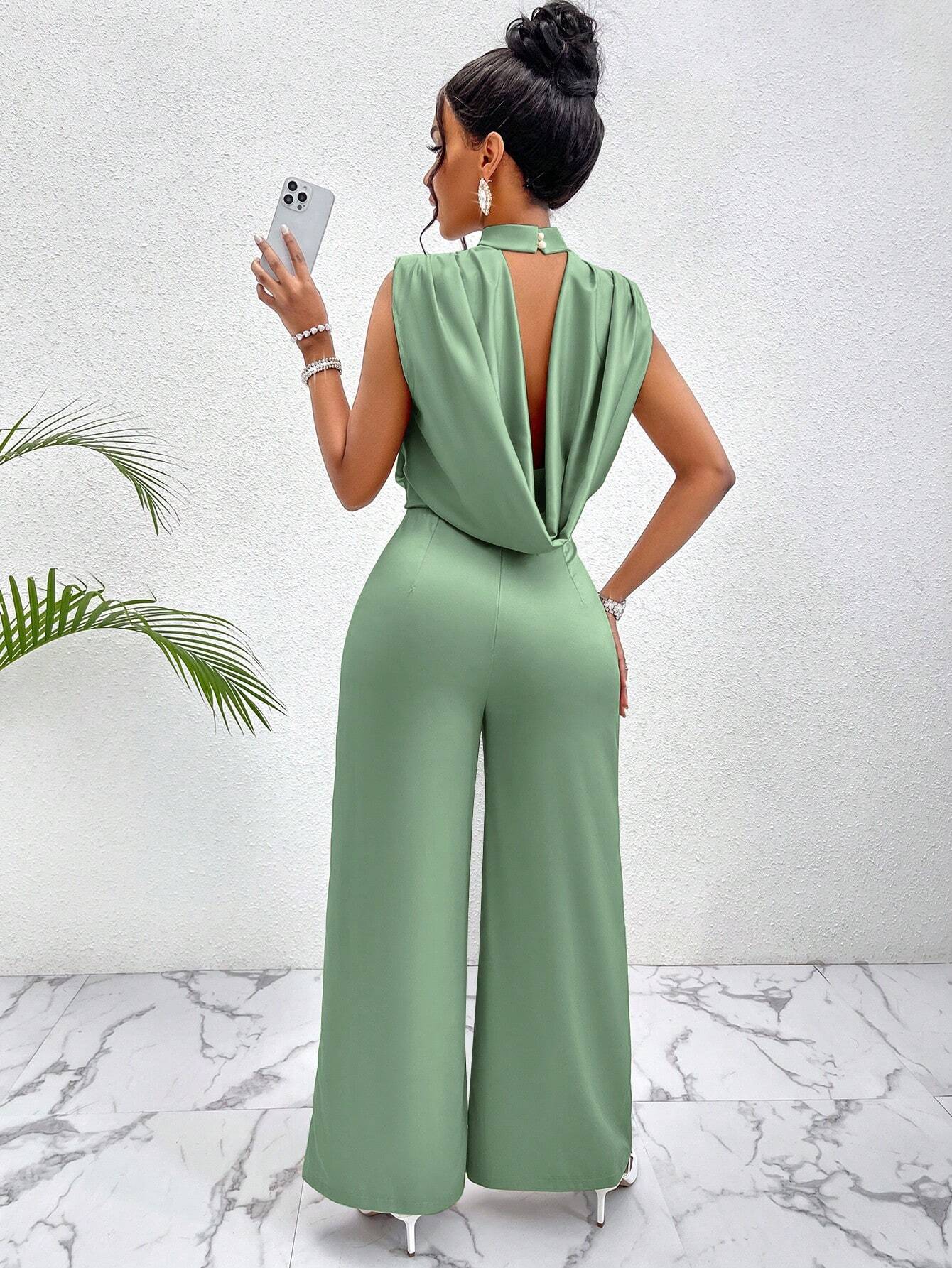 Lady Women Summer Solid Color Wide Leg Elegant Jumpsuit With Keyhole Neckline shein