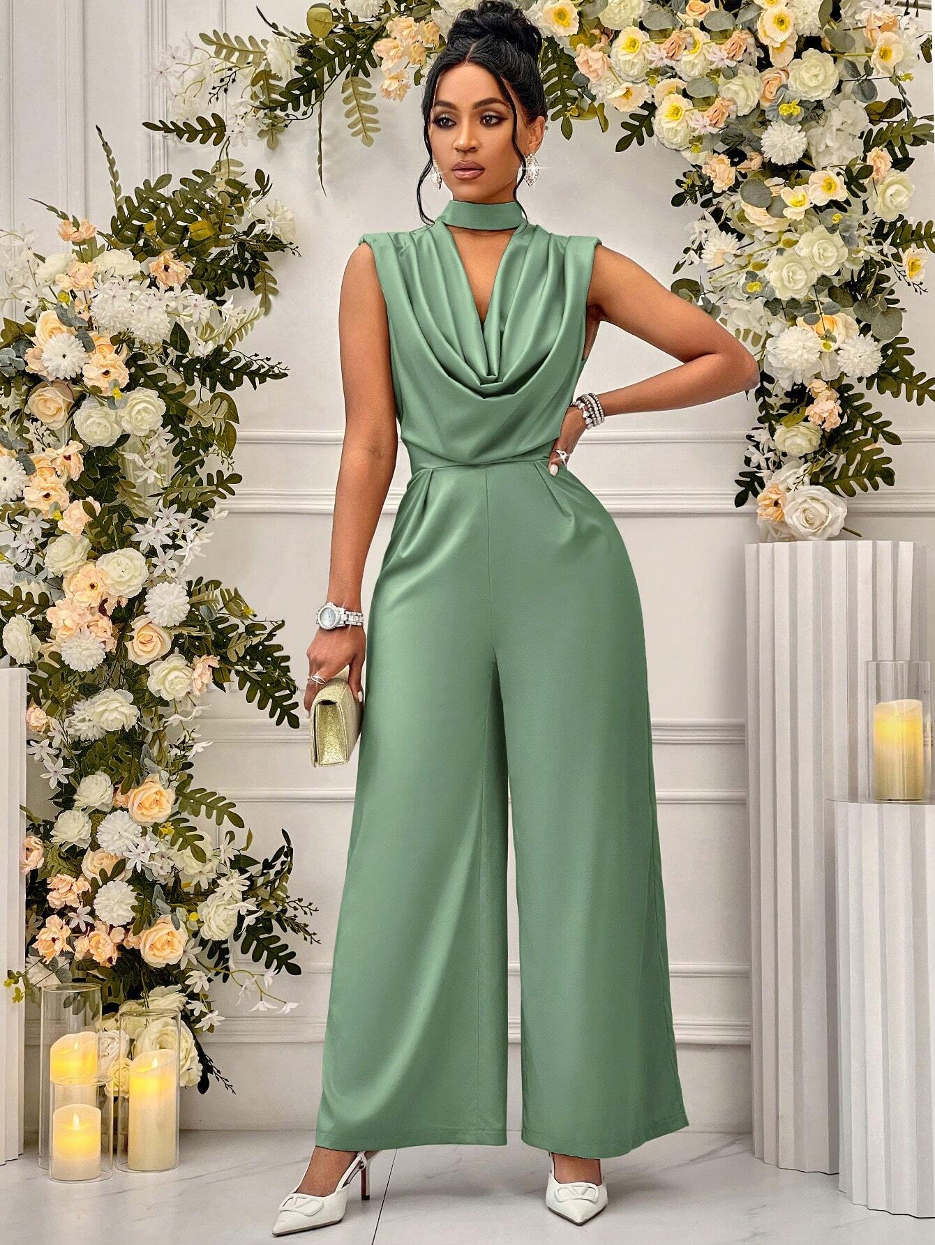 Lady Women Summer Solid Color Wide Leg Elegant Jumpsuit With Keyhole Neckline shein