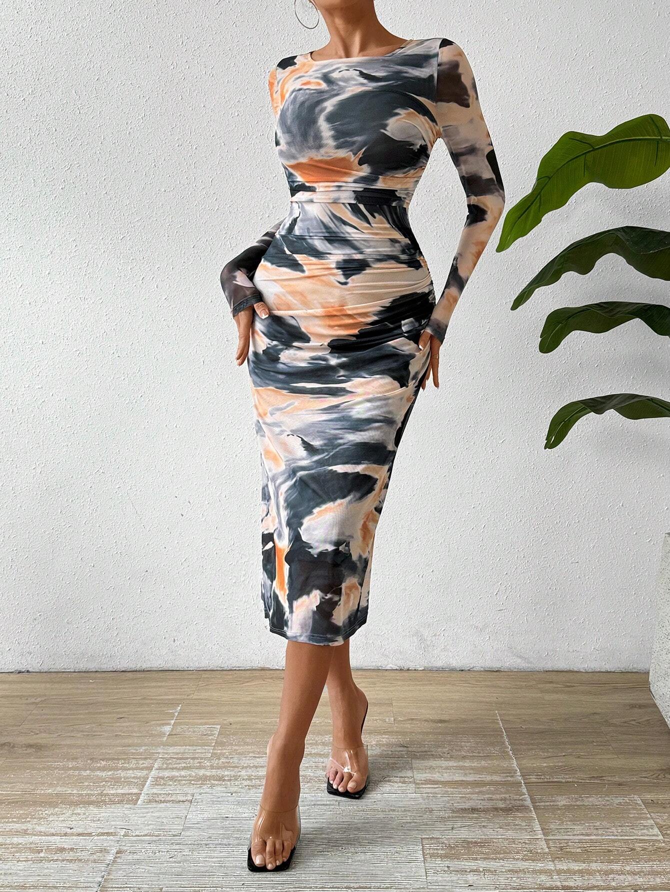 BAE Allover Print Ruched Mesh Dress shein