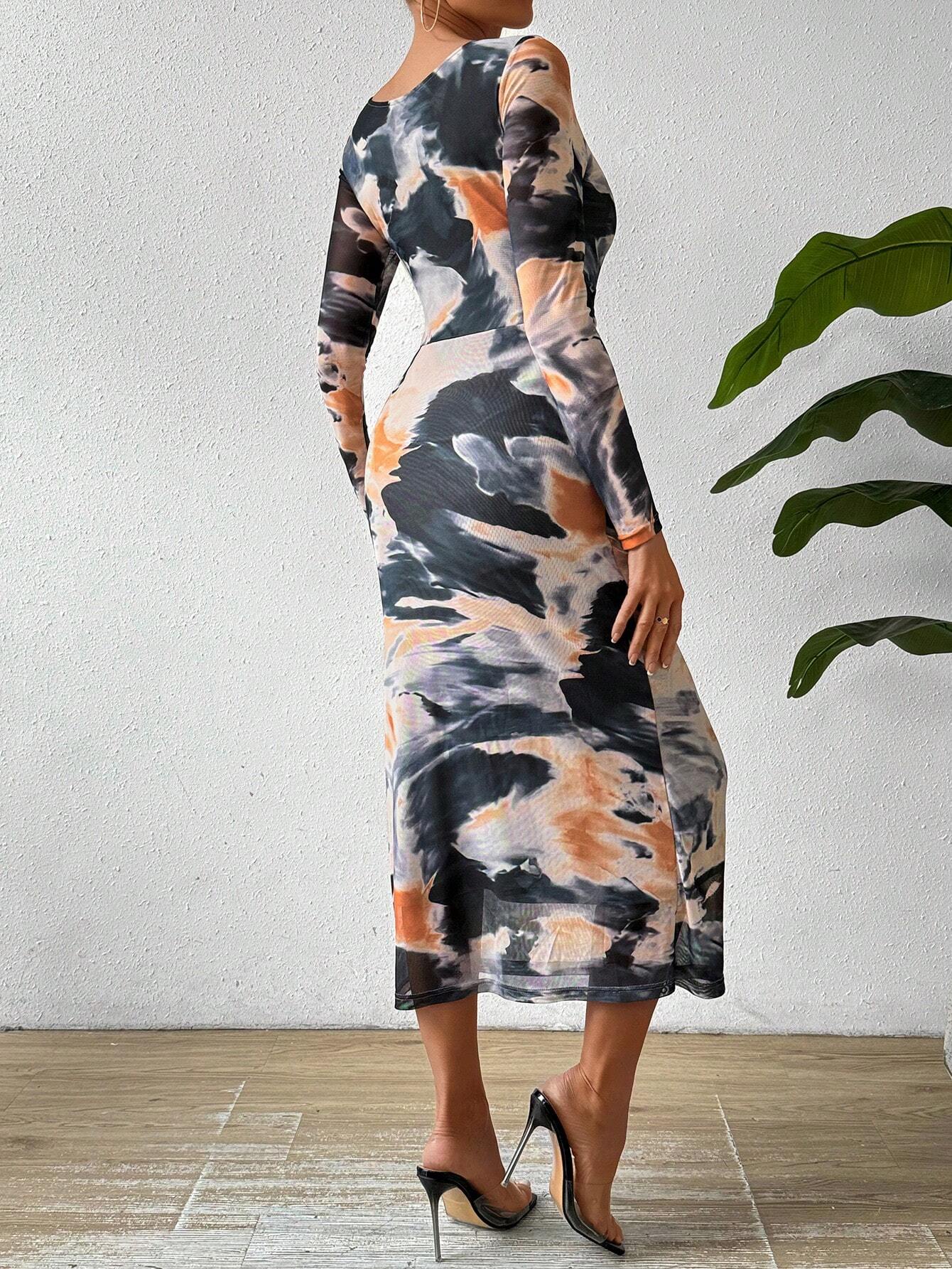 BAE Allover Print Ruched Mesh Dress shein