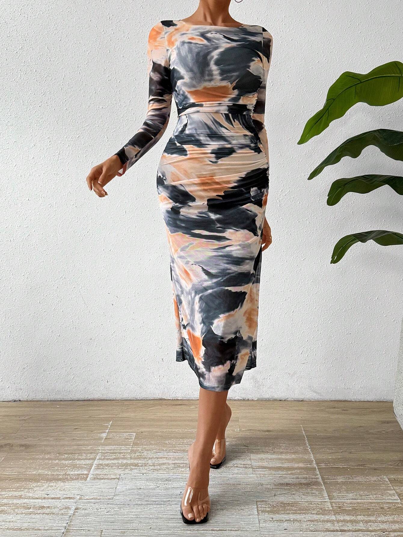 BAE Allover Print Ruched Mesh Dress shein