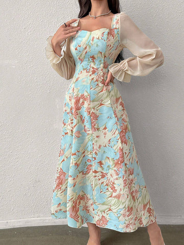 Modely Floral Printed Sweetheart Neckline Waist Gathering Dress shein