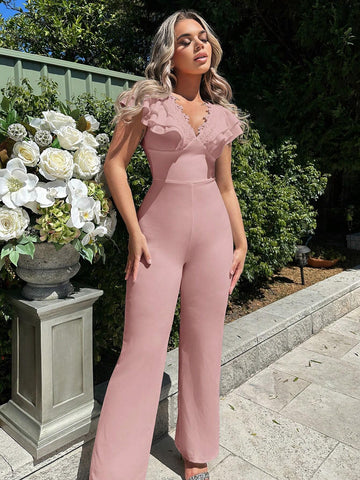 SXY Ruffle Trim Flare Leg Jumpsuit shein