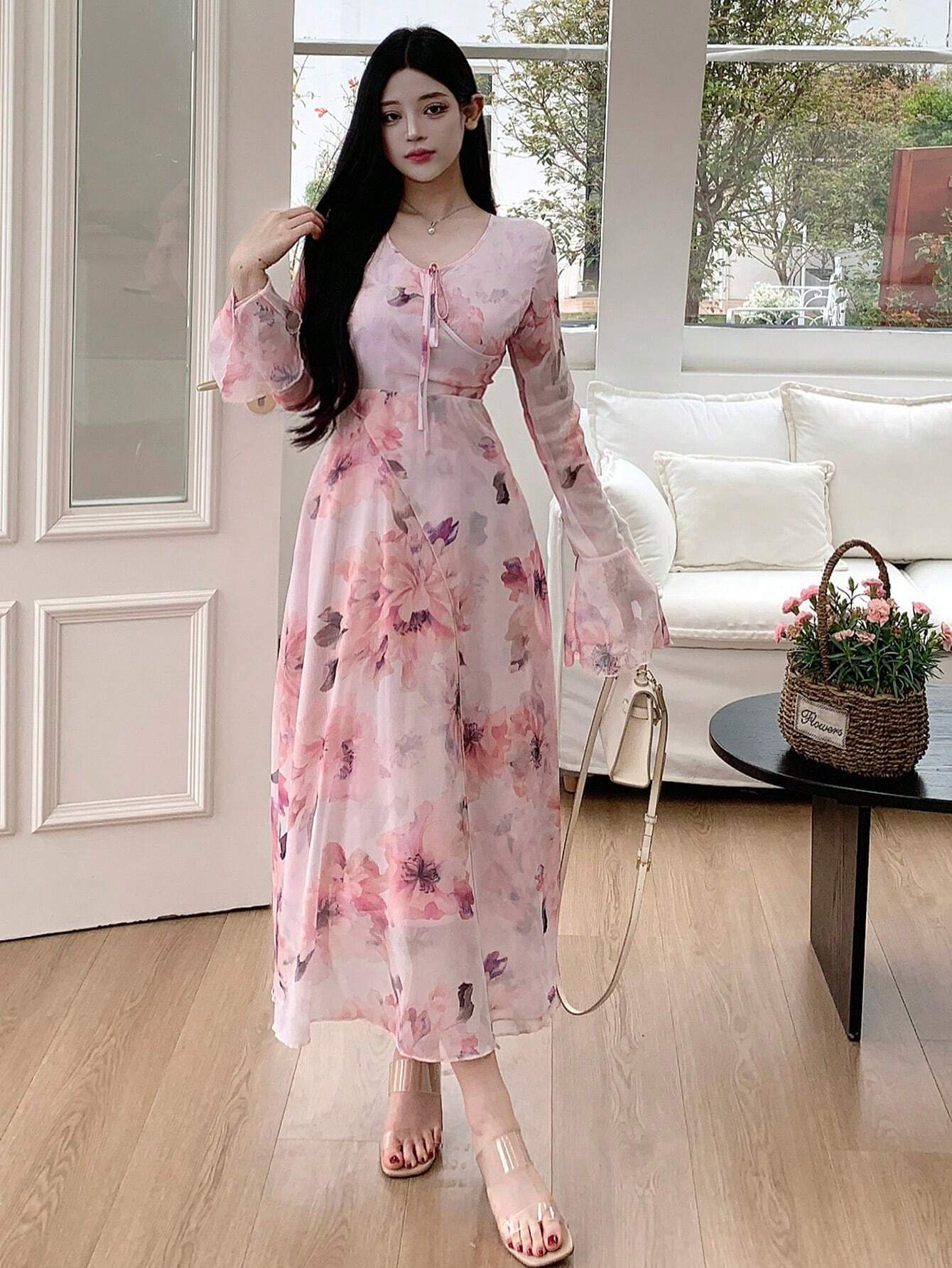 DAZY Women V-Neck Floral Printed Long Sleeve Chiffon Dress With Waist Tie shein