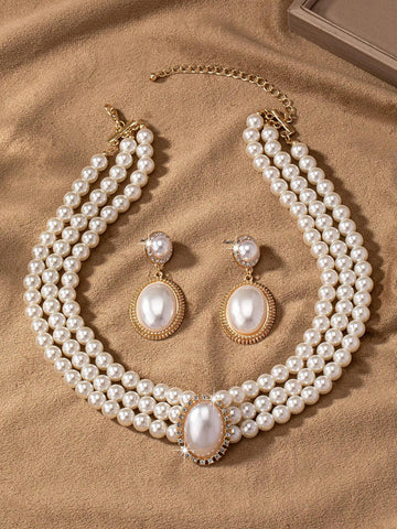 A Set Of Elegant And Romantic Cubic Zirconia Inlaid Faux Pearl Multilayer Necklace And Earrings shein