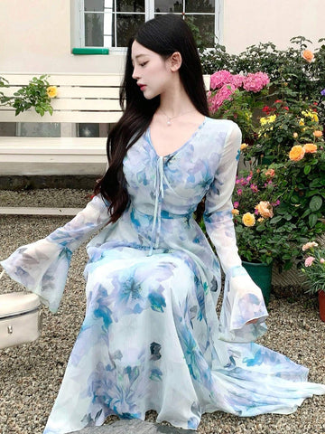 DAZY Women V-Neck Floral Printed Long Sleeve Chiffon Dress With Waist Tie shein