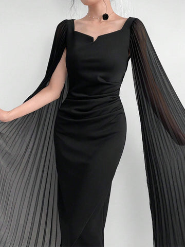 Modely Elegant Dress With A Notched Collar, Pleats, Cinched Waistline, Cape Sleeves shein