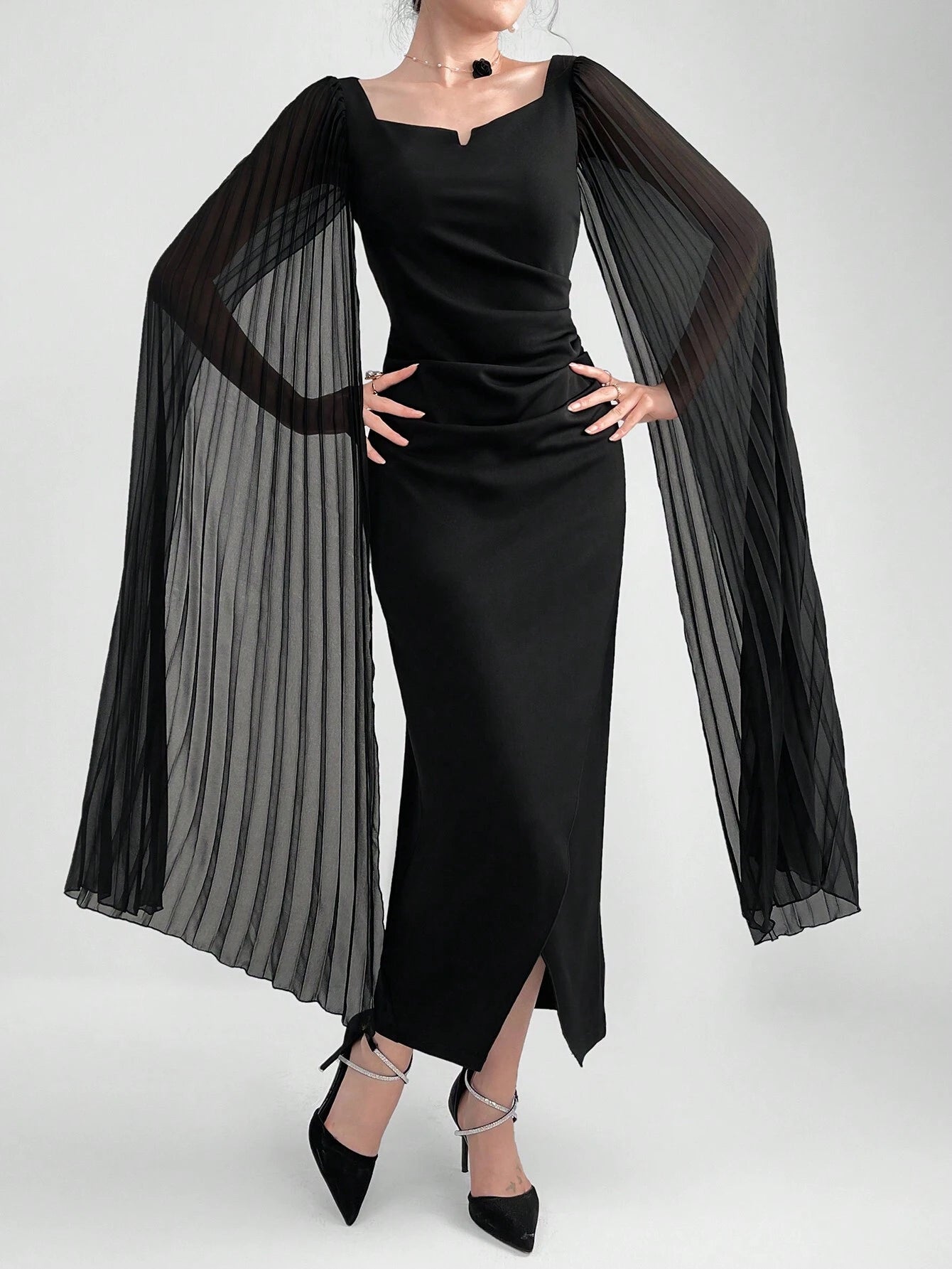 Modely Elegant Dress With A Notched Collar, Pleats, Cinched Waistline, Cape Sleeves shein