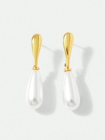 MOTF PREMIUM GOLD-TONE PENDANT WHITE WATER DROP SHAPED FAUX PEARL EARRINGS shein