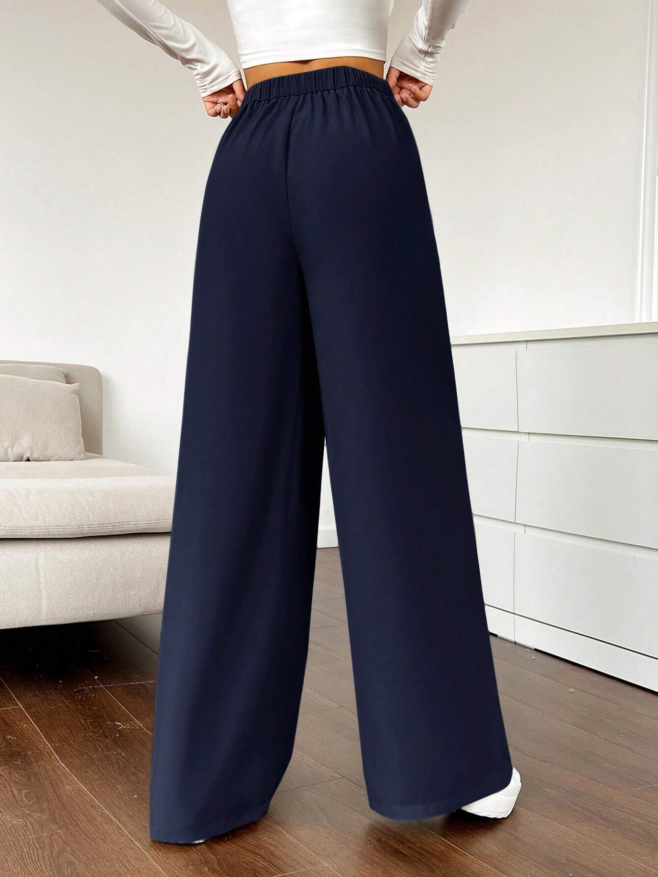 EZwear Solid Color Pleated Wide Leg Pants shein