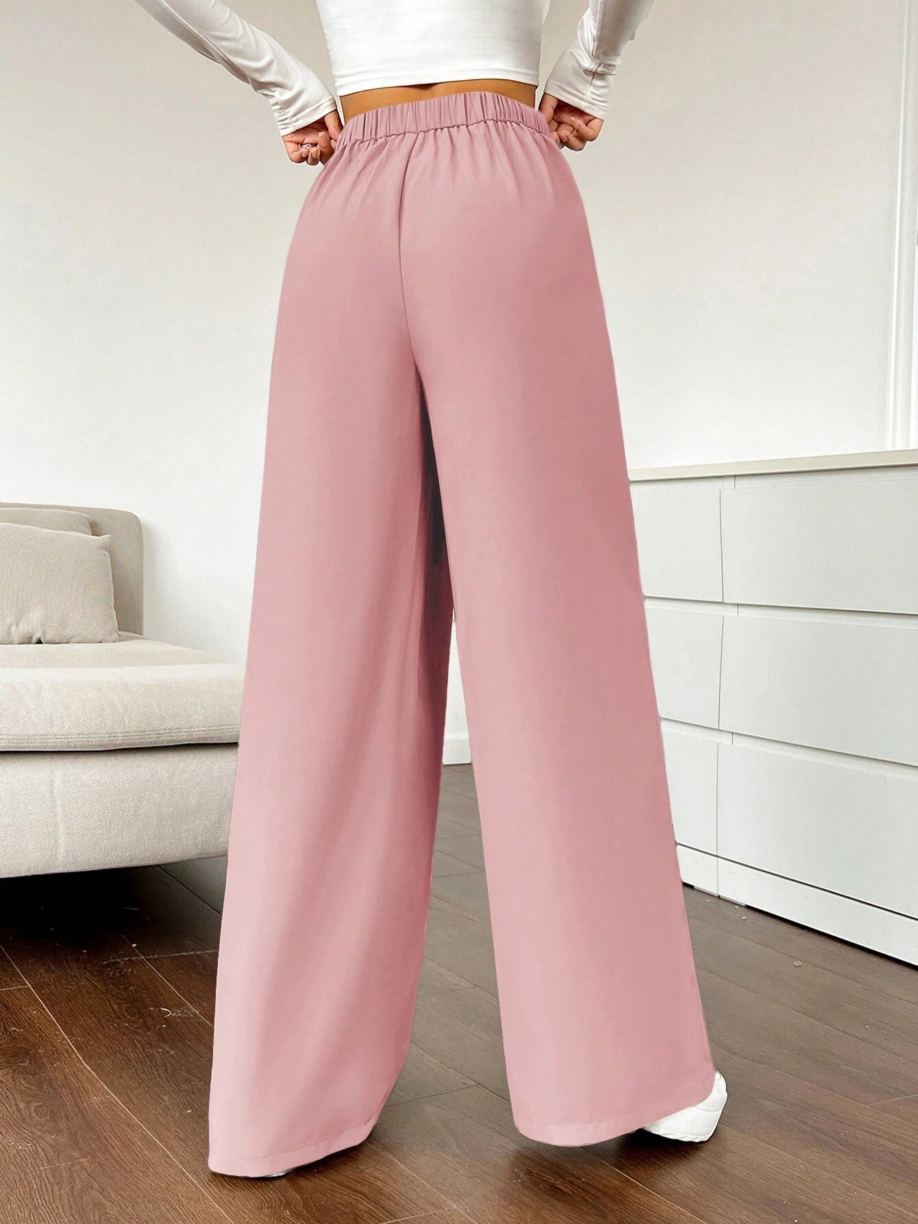 EZwear Solid Color Pleated Wide Leg Pants shein