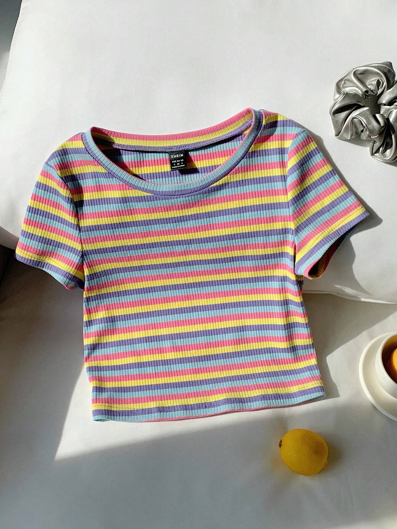 EZwear Colorful Striped Knit Slim-Fit Women\ T-Shirt shein