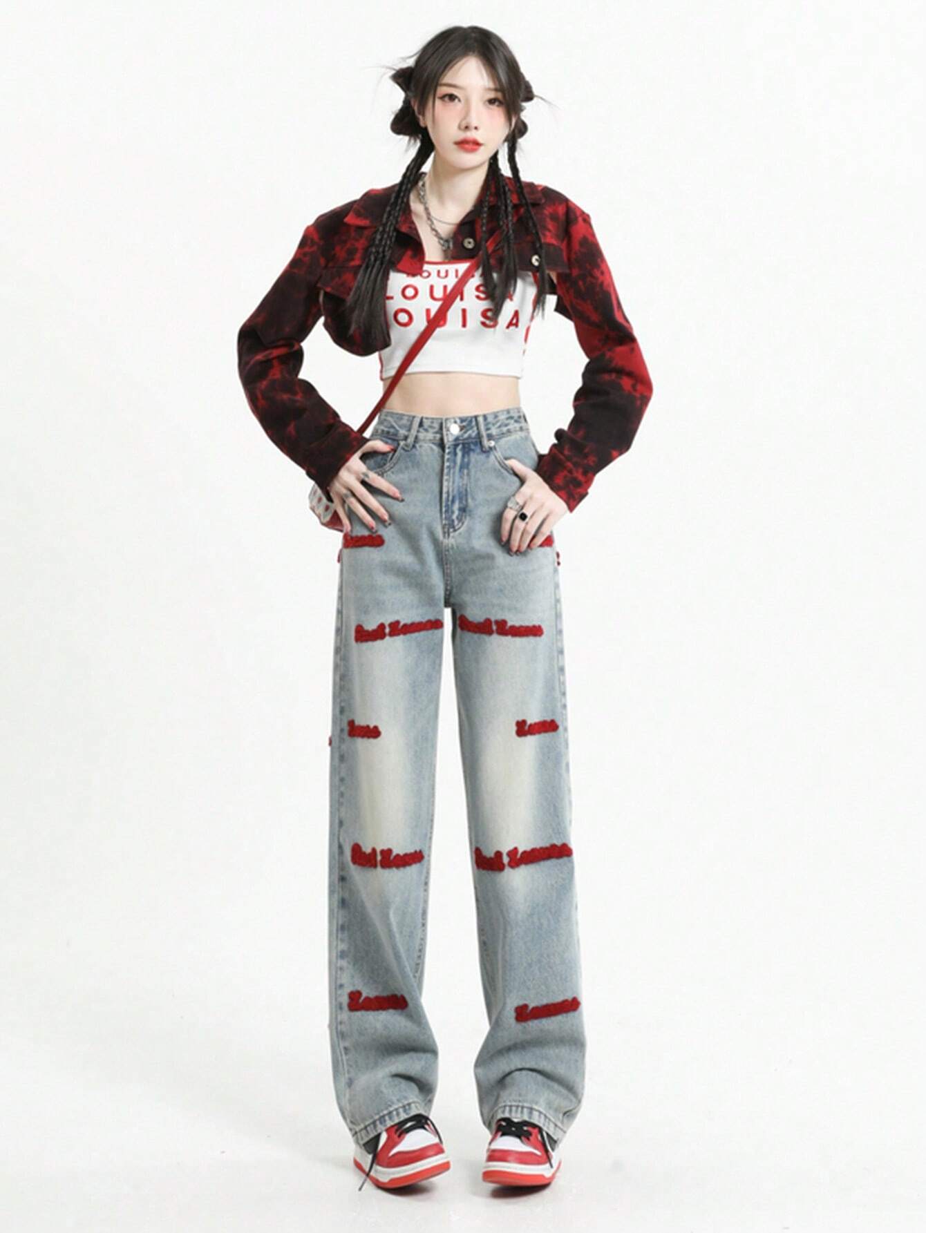 Letter Graphic Wide Leg Jeans shein